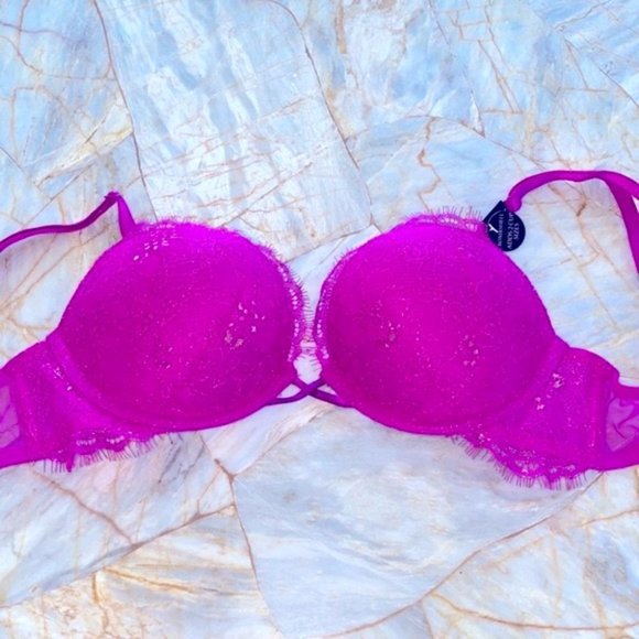 32A VS VERY SEXY Bombshell Add-2-Cups Push-Up Bra Pink Shimmer Lace - Picture 1 of 10